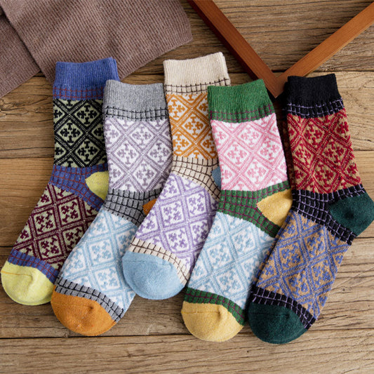 5 Pairs Women Rhomboids Jacquard Warm Socks