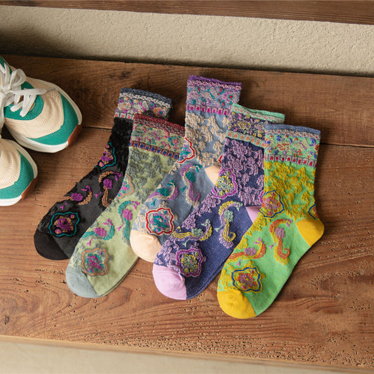 5 paires de chaussettes jacquard de style chinois vintage de printemps