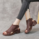 Summer New Leather Retro Mid Heel Soft Sole Fish Mouth Casual Shoes