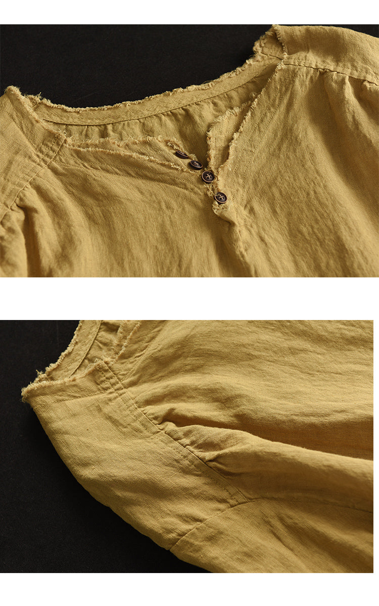 Retro Handmade Raw Linen V-Neck Temperament Shirt