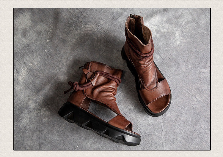 Chaussures à plateforme compensées littéraires rétro, sandales en cuir de vache avec couche d'orteil