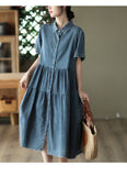 Vintage Lapel Cotton High Waist Stitching Slim Dress