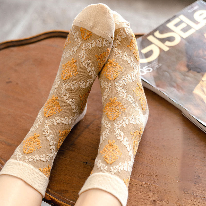 5 paires de chaussettes jacquard vintage à fleurs pour femmes, hiver