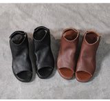 Summer New Leather Retro Mid Heel Soft Sole Fish Mouth Casual Shoes