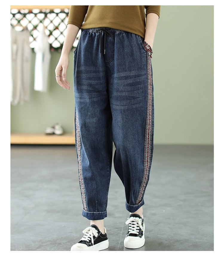 Vintage Ethnic Woven Side Panel Washed Jeans