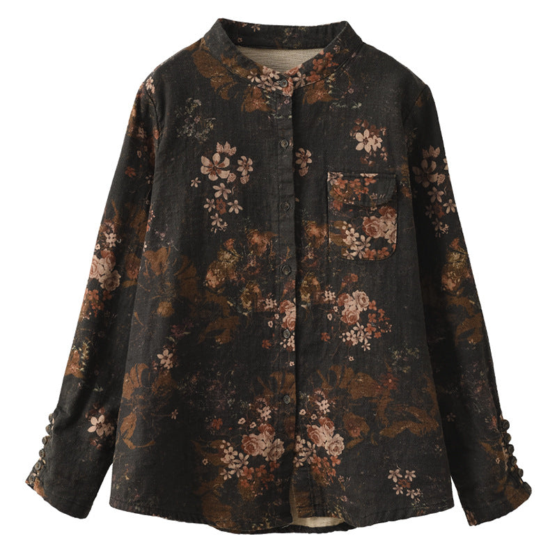 Retro Fried Color Printed Lapel Long-Sleeved Floral Shirt