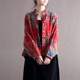 Vintage Blouse Stand Collar Large Flower Long-Sleeved Jacket