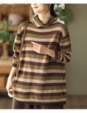 Cotton Knitted Striped Turtleneck Slimming Top