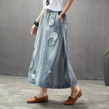 Art Embroidered Denim Patch Vintage Skirt