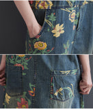 Vintage Print Loose Mid-Length Denim Suspender Skirt