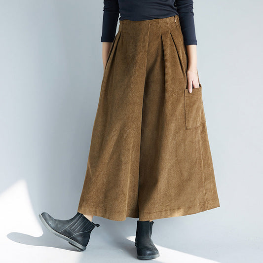 All-Match Corduroy Literary Retro Slimming Wide-Leg Pants With Large Pockets