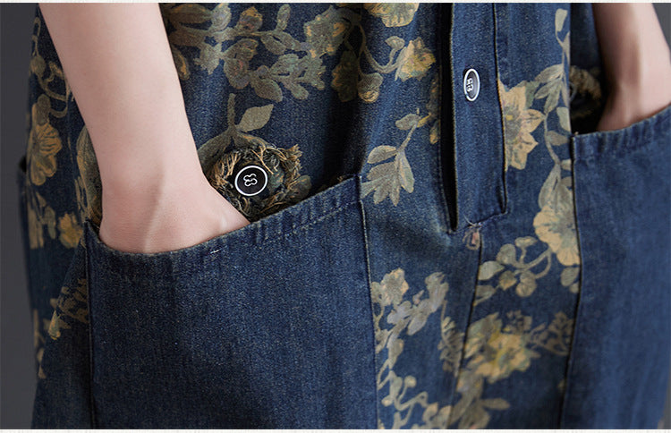 Salopette en jean décontractée imprimée à la mode de grande taille Art Retro