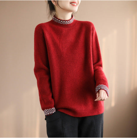 Women Vintage Winter Spliced Knitted Loose Sweater