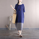 Cotton And Linen Retro Round Neck Loose Stitching Dress