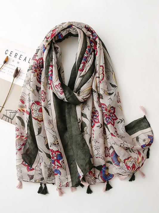 Women Ethnic Style Voile Sunscreen Floral Tassel Scarf