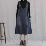 Art Retro Loose Casual Large Size Denim Strap Dress