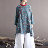 Retro Spring New Women's Dress Stand Collar Loose Print Mid Skirt