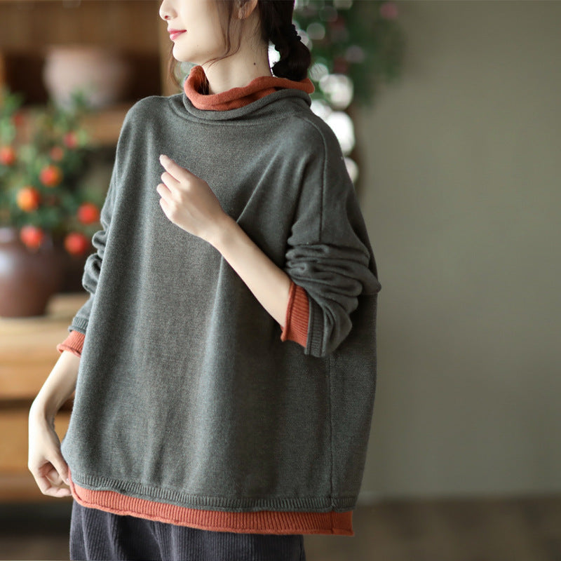 Knitted Loose Sweater Retro Color Contrast Fake Two Piece Sweater