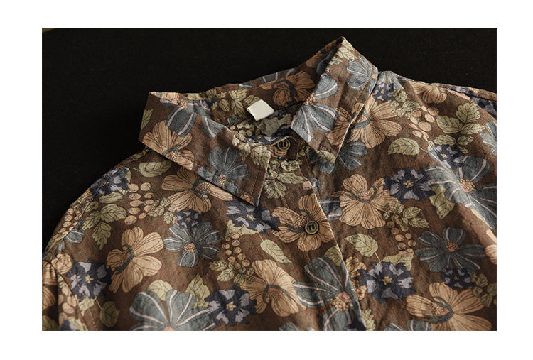 Vintage Print Cotton Linen Art Floral Shirt