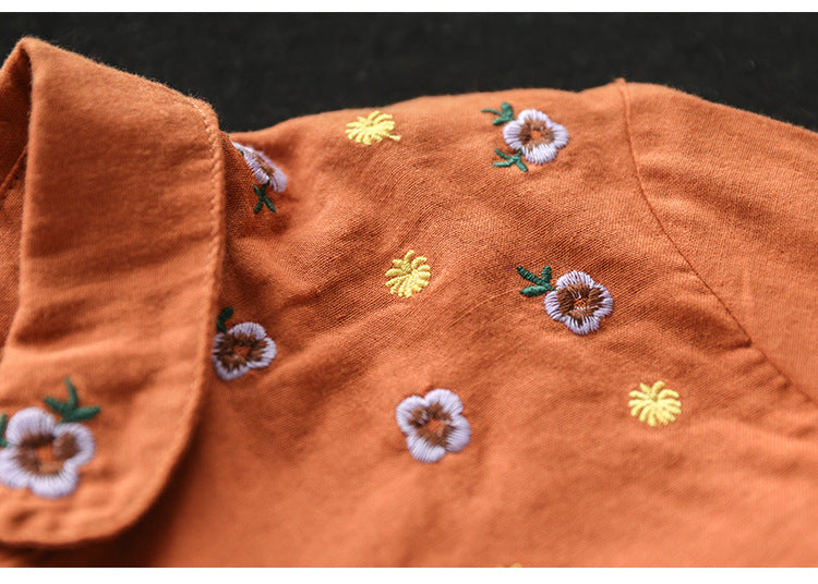 Chemise brodée florale à manches longues en coton double épaisseur Art Vintage