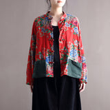 Vintage Blouse Stand Collar Large Flower Long-Sleeved Jacket