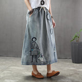Art Embroidered Denim Patch Vintage Skirt
