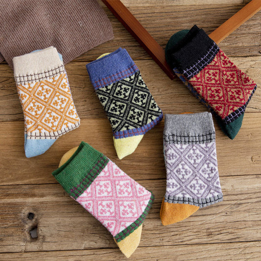 5 Pairs Women Rhomboids Jacquard Warm Socks