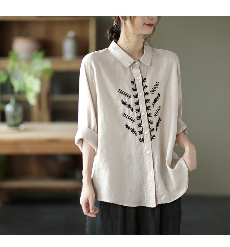 Vintage Heavy Duty Embroidered Linen Lapel Shirt