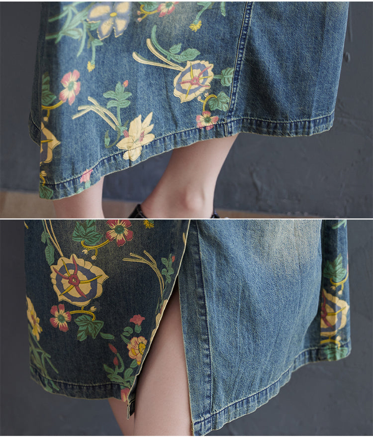 Jupe à bretelles en jean mi-longue ample à imprimé vintage