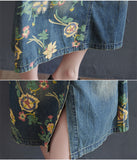 Vintage Print Loose Mid-Length Denim Suspender Skirt