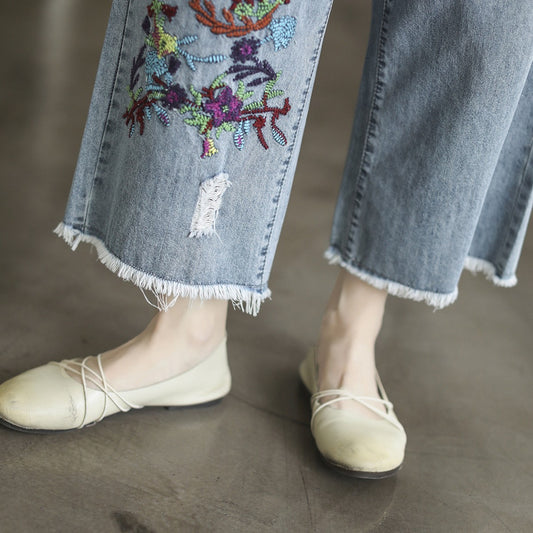 Vintage Embroidered Frayed Distressed Cropped Trousers