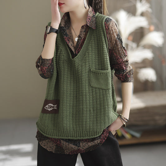 Gilet avec poche tricoté Vintage pour femme, hiver