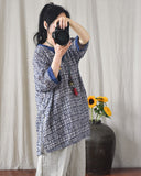 Cotton and Linen Large V-Neck Literary Print Ramie Casual Top