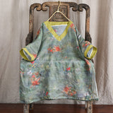 Cotton and Linen Large V-Neck Literary Print Ramie Casual Top