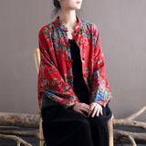 Vintage Blouse Stand Collar Large Flower Long-Sleeved Jacket