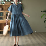 Vintage Lapel Cotton High Waist Stitching Slim Dress