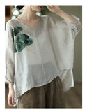 Vintage Ink Print Fine Ramie Doll Sleeve T-Shirt