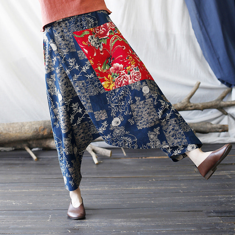 Stitching Retro Casual Pants Loose Distressed Cropped Pants