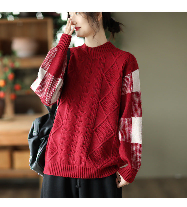 Retro Thick Jacquard Knit Color Block Three-dimensional Sweater