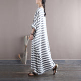 Striped Retro Literary Distressed Washed Loose Plus Size Dress