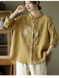 Vintage Lapel Embroidered Linen Shirt