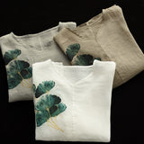 Vintage Ink Print Fine Ramie Doll Sleeve T-Shirt