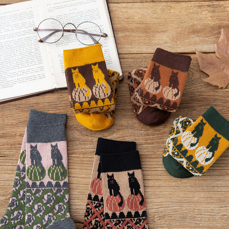 5 paires de chaussettes en coton jacquard chat vintage