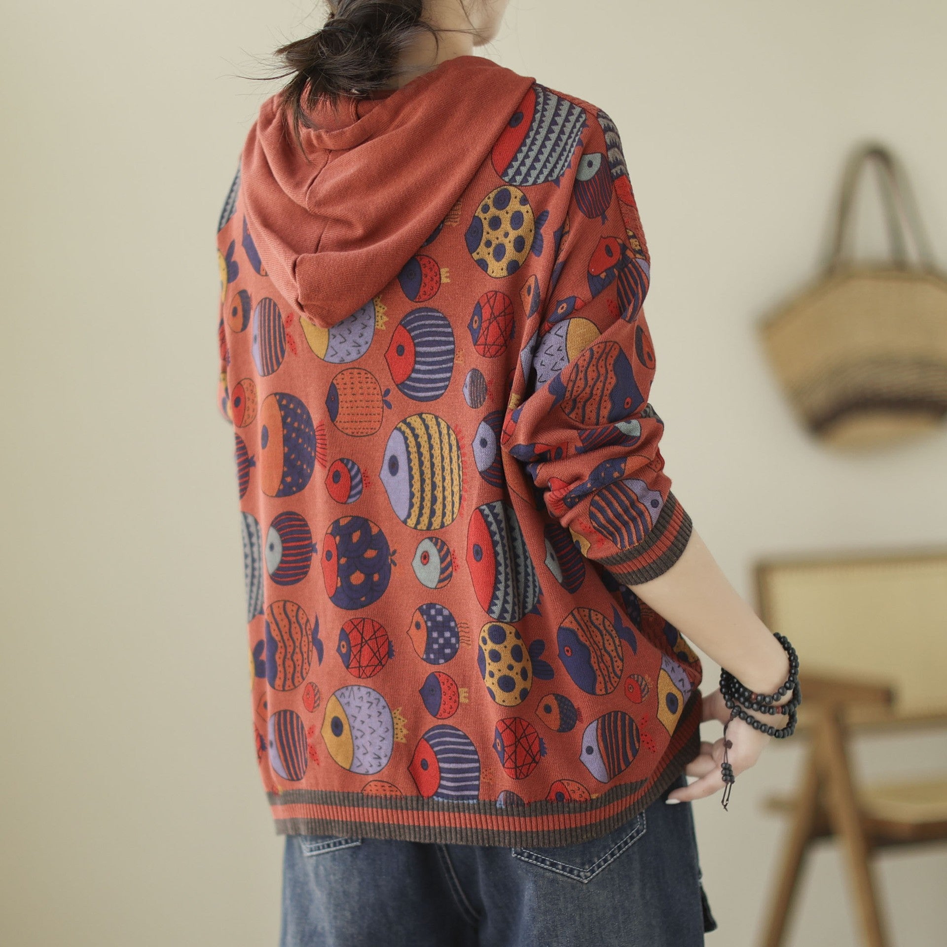 Art Retro Hat Printed Long-Sleeved Knitted Sweater
