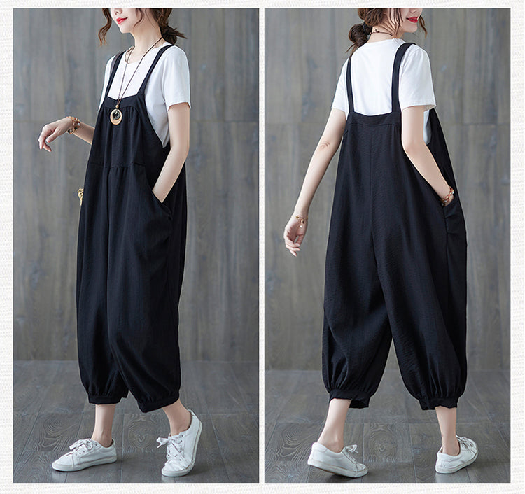 Retro Cotton And Linen Color Matching Overalls