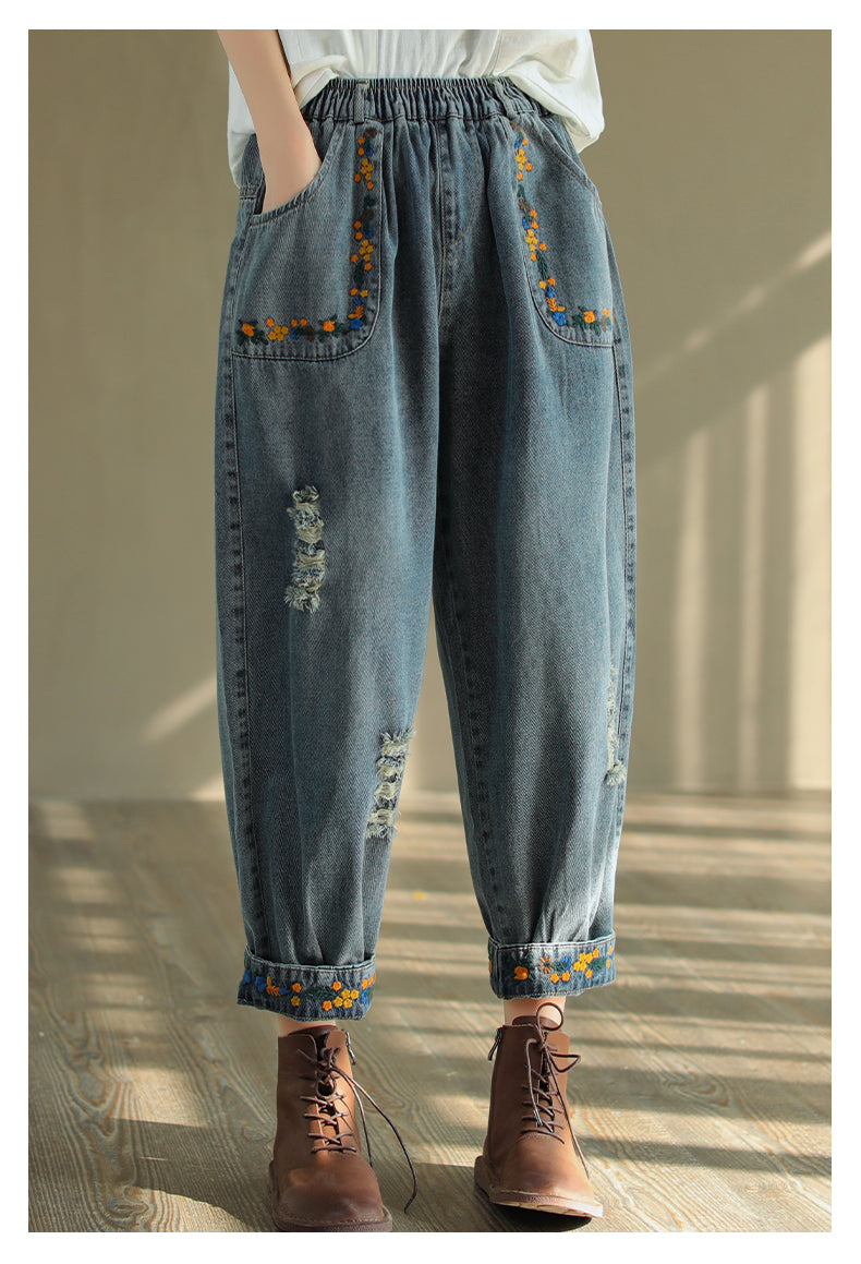 Vintage Ripped Embroidered Denim Harem Pants – Jverny