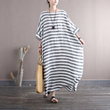 Striped Retro Literary Distressed Washed Loose Plus Size Dress