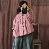 Striped Linen Chinese Buckle Padded Jacket