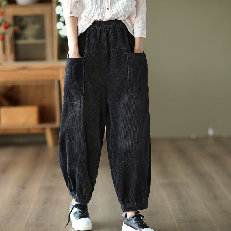 Pantalon rayé vintage en velours côtelé à taille élastique