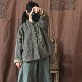 Striped Linen Chinese Buckle Padded Jacket